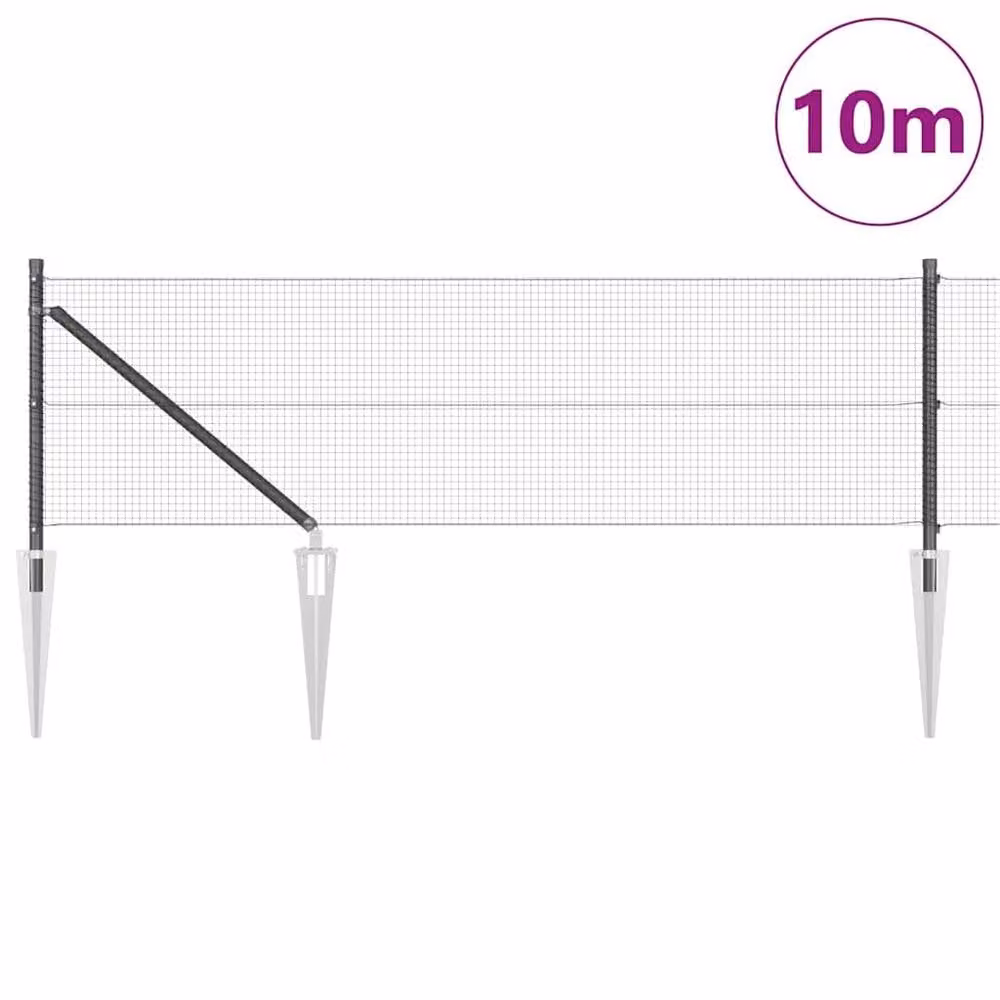 Berkfield Home Grey Steel Welded Wire Fence with 7 Spike Posts, W: 10 m, H: 0.6 m – 3