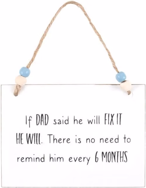 KDMK Dad Will Fix It Hanging Sign in White Wood with Beaded Twine