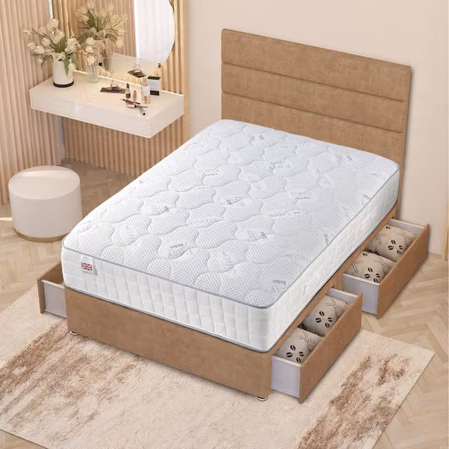 Somnior Beds Ltd Modern Upholstered Fabric Divan Bed Set with Spring Mattress, Headboard and Drawers in Beige or Brown, W/D/H: 180 x 200 cm