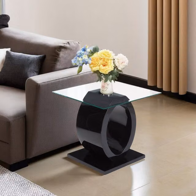 Premier Housewares Halo Side Table with Glass Top and Black Base, W: 56 cm, D: 60 cm – 2
