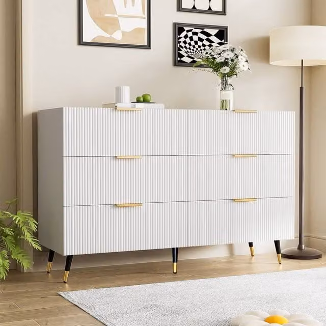 STILVORA Modern White and Gold 6-Drawer Wooden Sideboard
