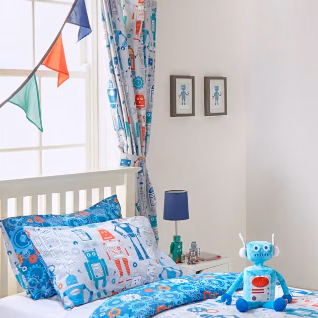 Make It A Home Robot Kids Room Darkening Pencil Pleat Curtain Pair - Blue