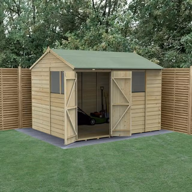 Beckwood Reverse Apex Wooden Shed with Foundation and Floor in Green or Brown