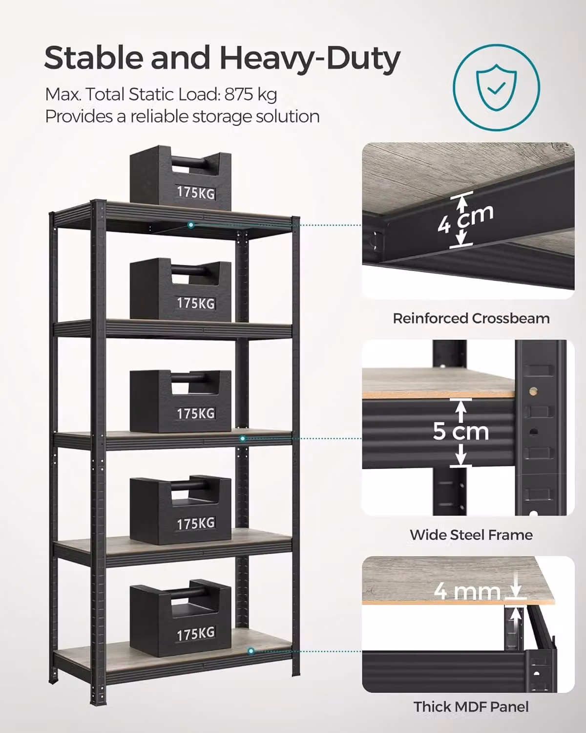SONGMICS Heavy Duty Steel Shelving Unit with 5 Tool Free Tiers in Beige, H 180 x W 90 x D 40 cm – 3