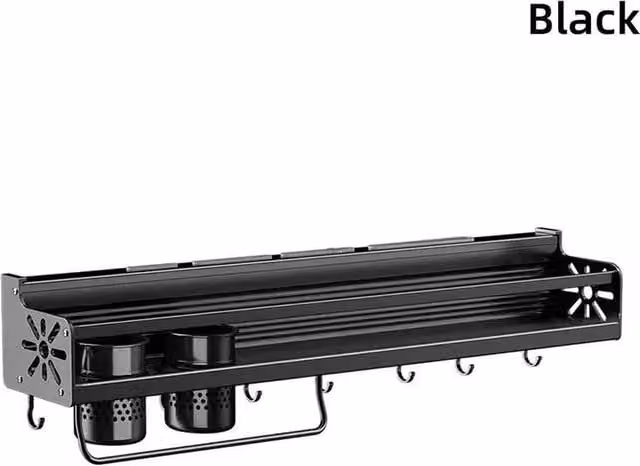 Kelvenix Wall Mounted Metal Kitchen Hook and Utensil Rack with Shelf in Black – 1
