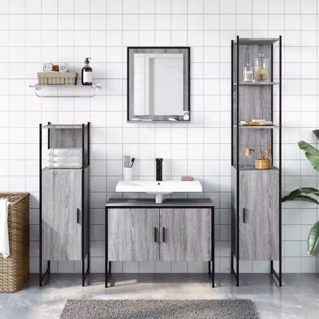 Berkfield Home 4 Piece Grey Bathroom Cabinet Set including Vanity Unit, Tall Cabinet, Wall Cabinet and Mirror Cabinet