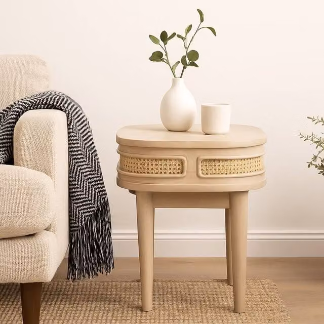 Wyld Haus Chicago Mid-Century Mango Wood and Cane Rattan Bedside Table in Beige, Brown and Sand – 1