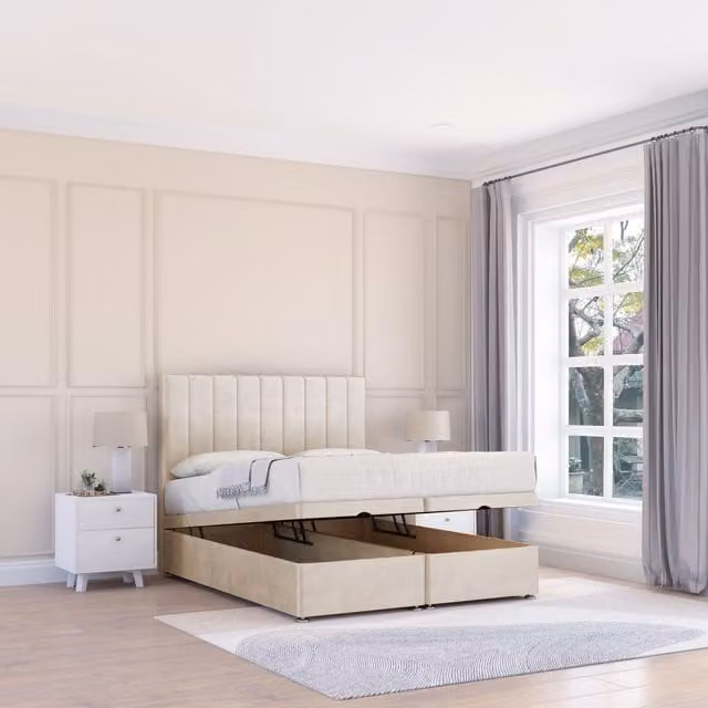 Sloomy Kansas Ottoman Bed with Hybrid Sprung Memory Mattress and 26 Inch Headboard, Beige Fabric, W/D/H: 120 x 200 cm