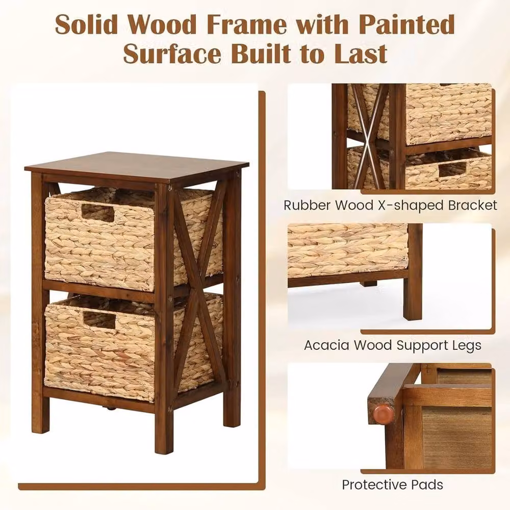 VOGREX Walnut Seagrass Basket Solid Wood Nightstand in Brown – 4