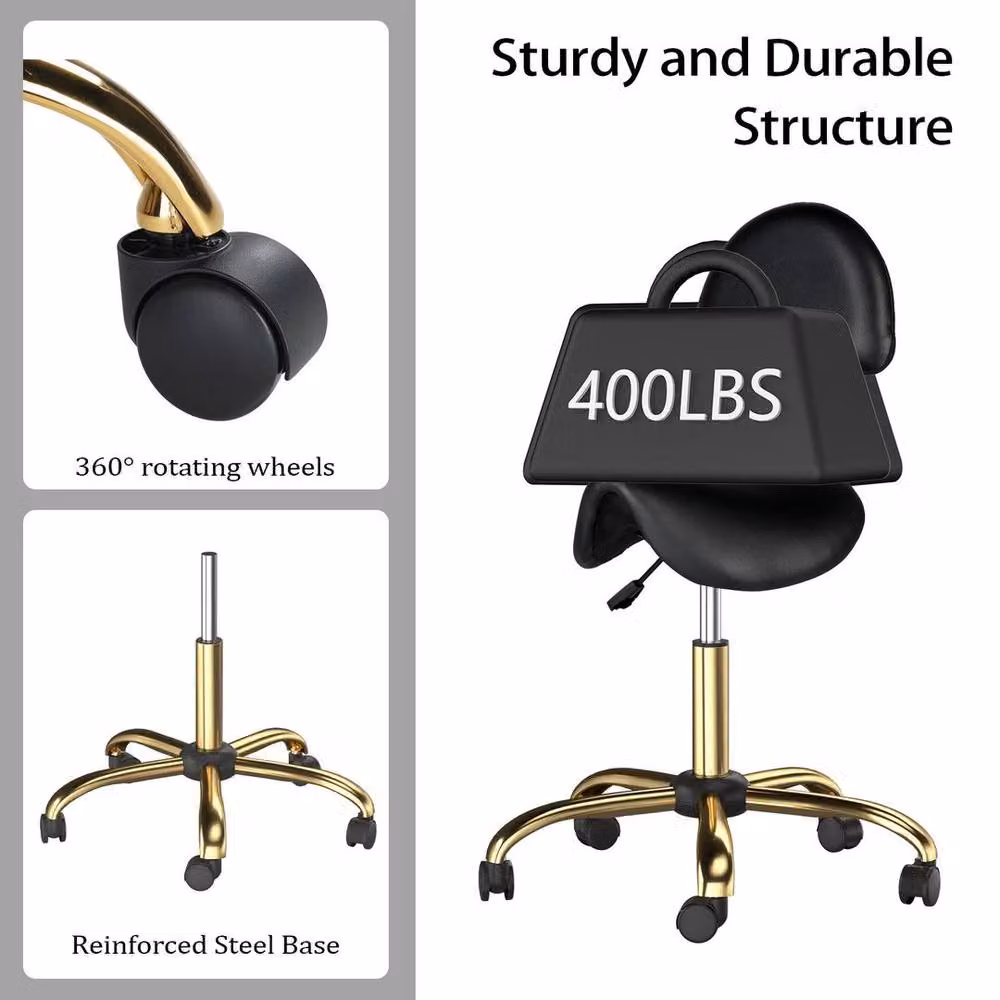 NESTLUNE Adjustable Swivel Salon Saddle Stool with Backrest in Black and Gold PVC Leather – 4
