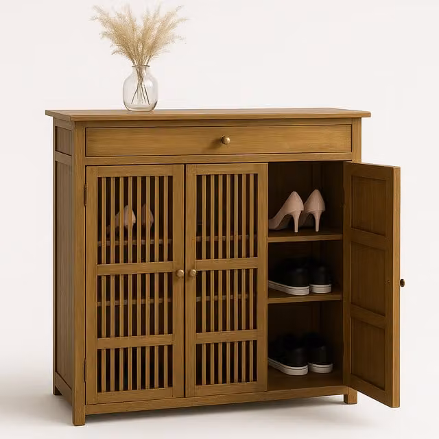 Furnold Classic Brown Wooden Shoe Storage Cabinet Organiser with Doors and Drawers
