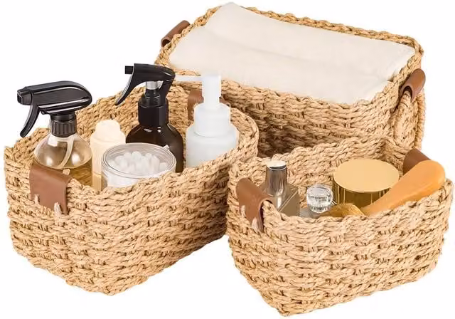 VOGREX Set of 3 Brown Decorative Woven Paper Rope Storage Baskets with Metal Accents