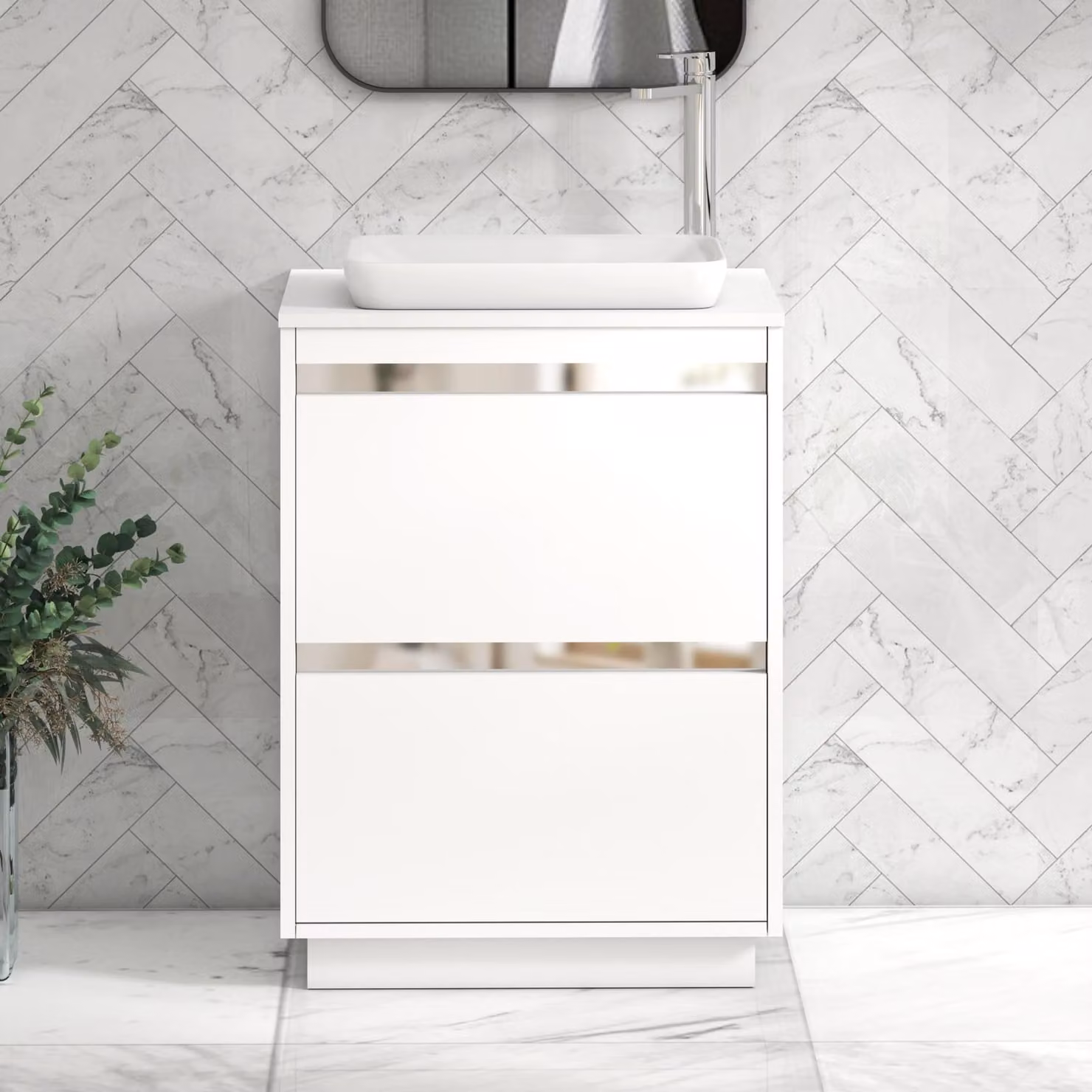 Royal Bathrooms Orion Matt White 2 Drawer Floor Standing Vanity Unit with Plain White Stone Countertop Basin