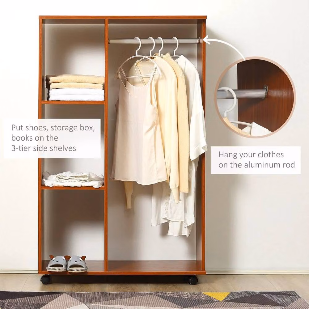 FLAVORA Rolling Open Wardrobe with Hanging Rail and Storage Shelves in Brown Walnut Matt Finish – 4