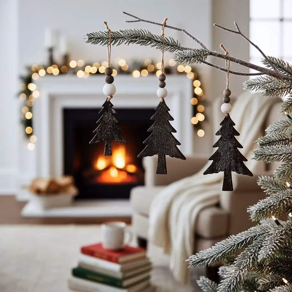 Set of 3 Red Hamper Hanging Glitter Christmas Tree Wicker Decorations in Brown – 2