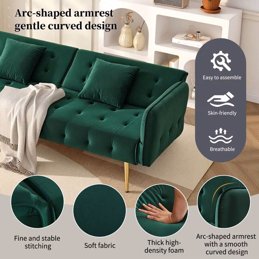 BTM 2 Seater Velvet Folding Sleeper Sofa Bed in Green with Adjustable Headrest and Solid Wood Frame – 5