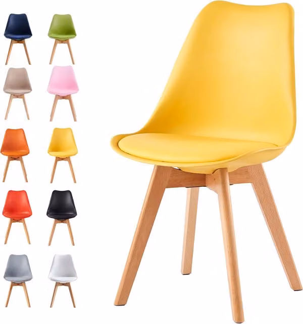 MCC Direct Eva Single Dining Chair with Padded Cushion and Wooden Legs in Yellow and White