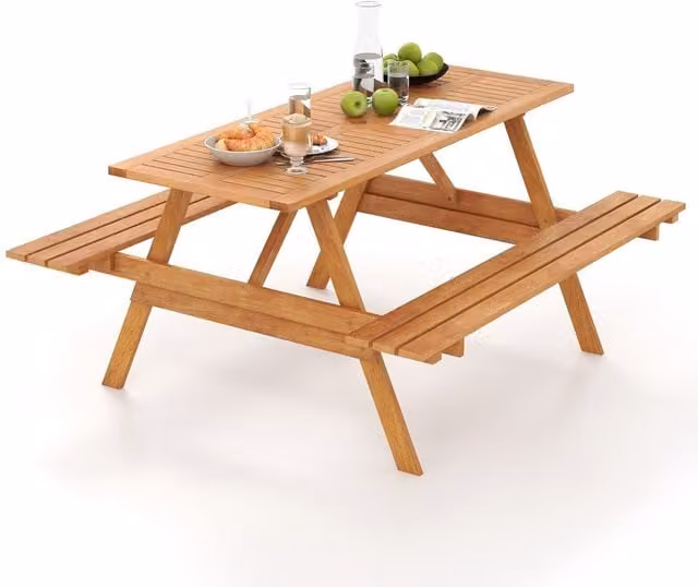Gymax Natural Wood Outdoor Picnic Dining Table Set with 2 Built-in Benches for Garden and Patio
