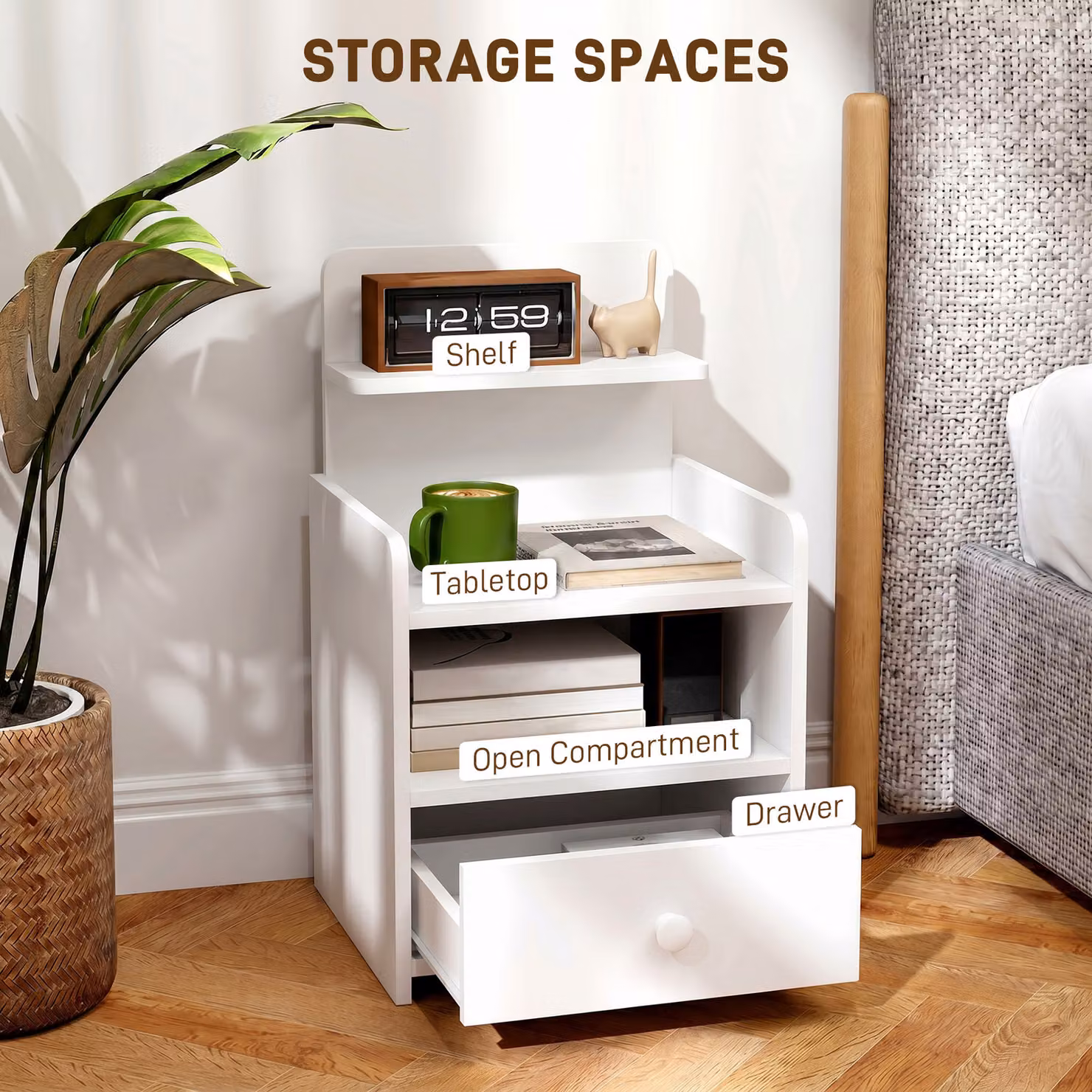 HOMCOM White Bedside Cabinet with Drawer and Shelf for Bedroom or Living Room – 3