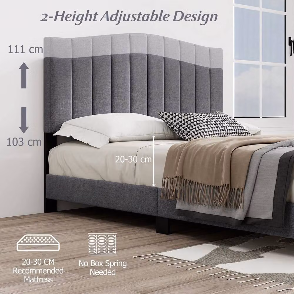 KORVIXA Modern Upholstered Double Platform Bed Frame in Grey, W/D/H: 140 x 200 cm – 4