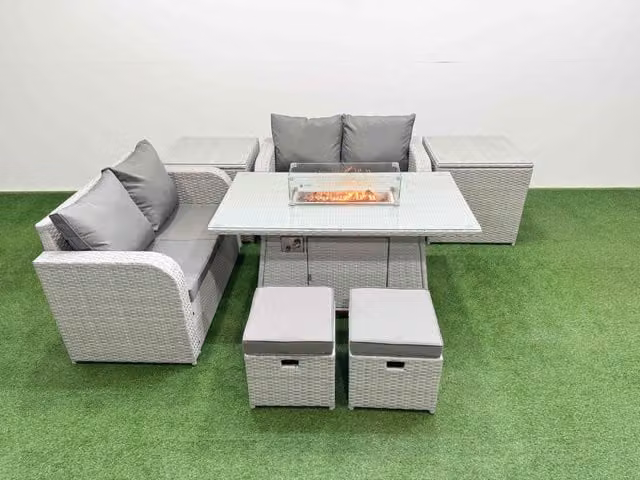Fimous 6 Seater Rattan Garden Furniture Set with Firepit Dining Table, 2 Small Stools and 2 Side Tables in Light Grey