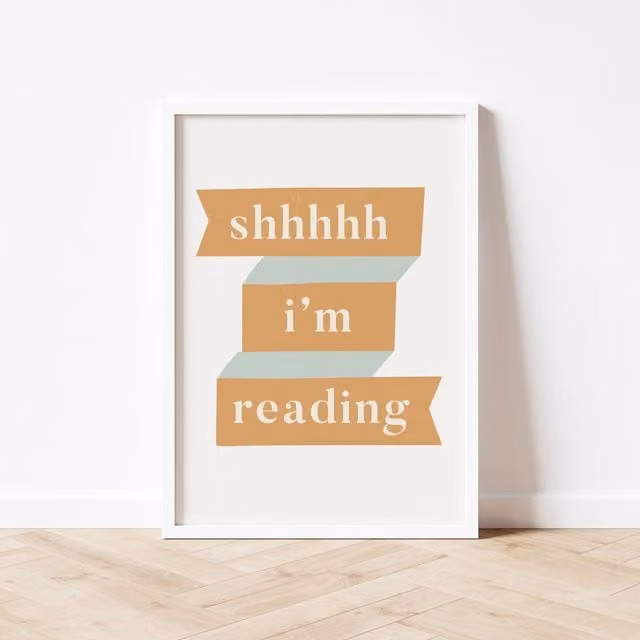 Autumns Corner Shhhh Im Reading Typography Paper Poster, Sage and Mustard, A2