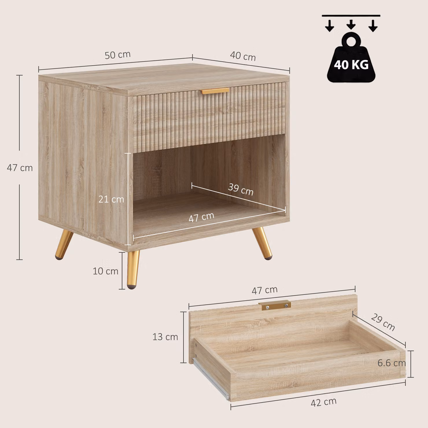 HOMCOM Modern Bedside Table with Drawer and Open Compartment in Brown, Gold and Beige Finish – 3