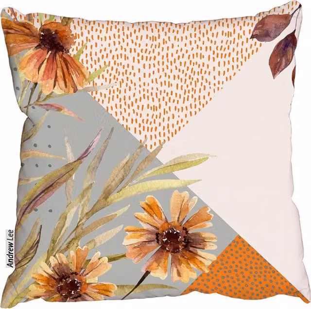 Andrew Lee Modern Floral Geometric Background Square Cushion in Orange
