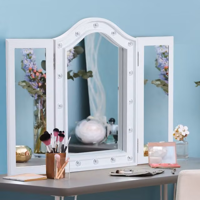 HOMCOM Lighted Tri-Fold Tabletop Vanity Mirror with LED Lights, White
