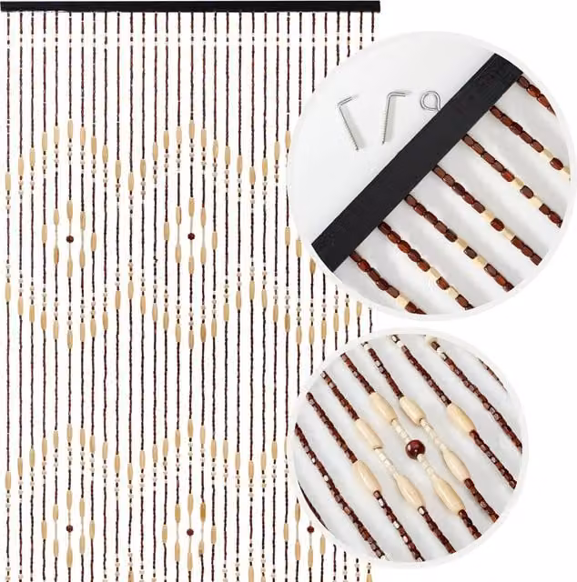 NOVECRAFTO Wooden Beaded Door Curtain with Hook, Brown and Yellow, W: 90 cm, H: 200 cm
