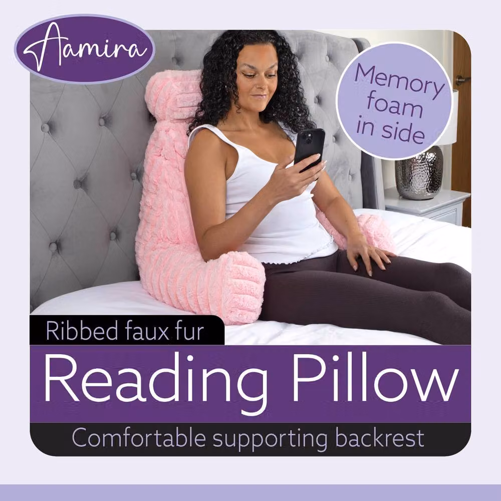 Aamira Pink Faux Fur Ribbed Memory Foam Reading Pillow Wedge Support Cushion – 2