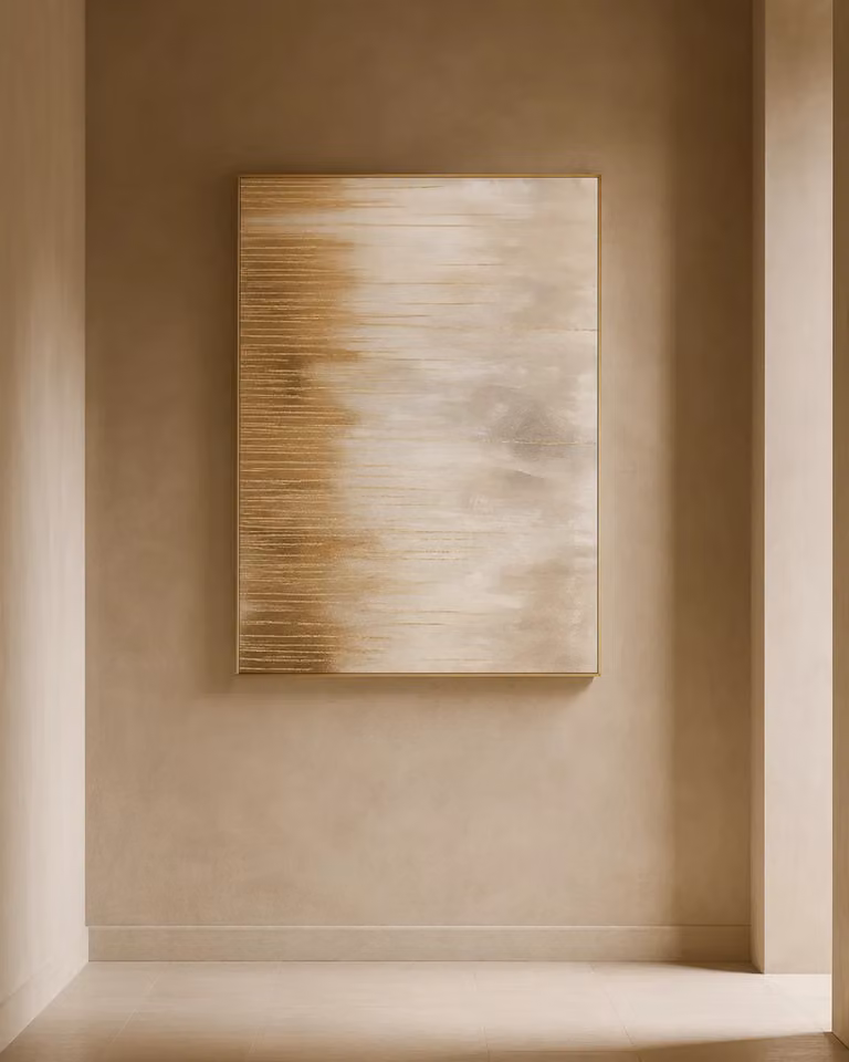Shimmer Abstract Oil Painting Reproduction by Tommy Franks in Gold and Beige, W: 120 cm, H: 80 cm
