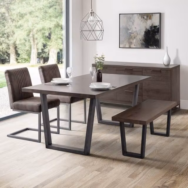Julian Bowen Brooklyn Industrial Dining Set with Rectangular Oak Table, Bench and 4 Chairs in Grey and Brown
