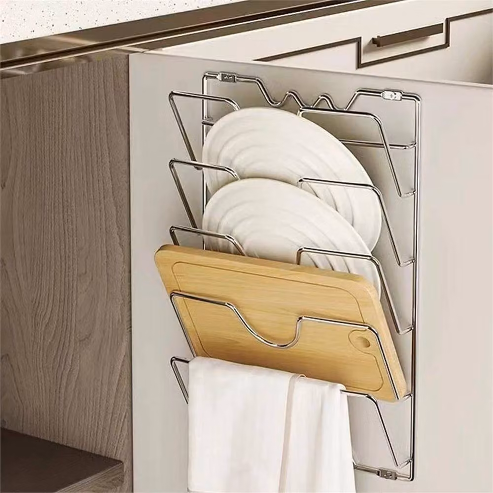 SPETLEK Wall Mounted Metal Pot Lid Holder and Pan Cover Storage Rack in Metallic Silver – 3
