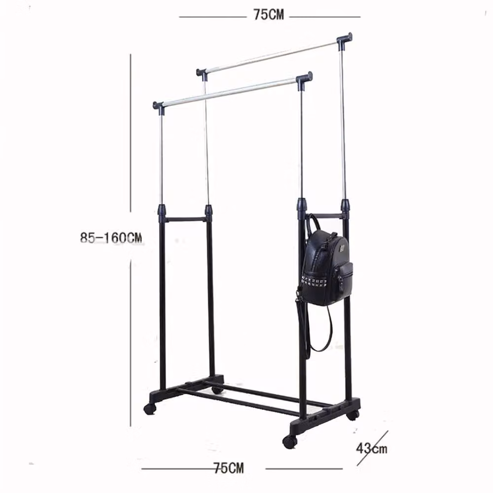 Nordara Adjustable Double-Rail Metal Clothes Rail in Black with 4 Castor Wheels, H 160 cm x W 43 cm x D 43 cm – 2
