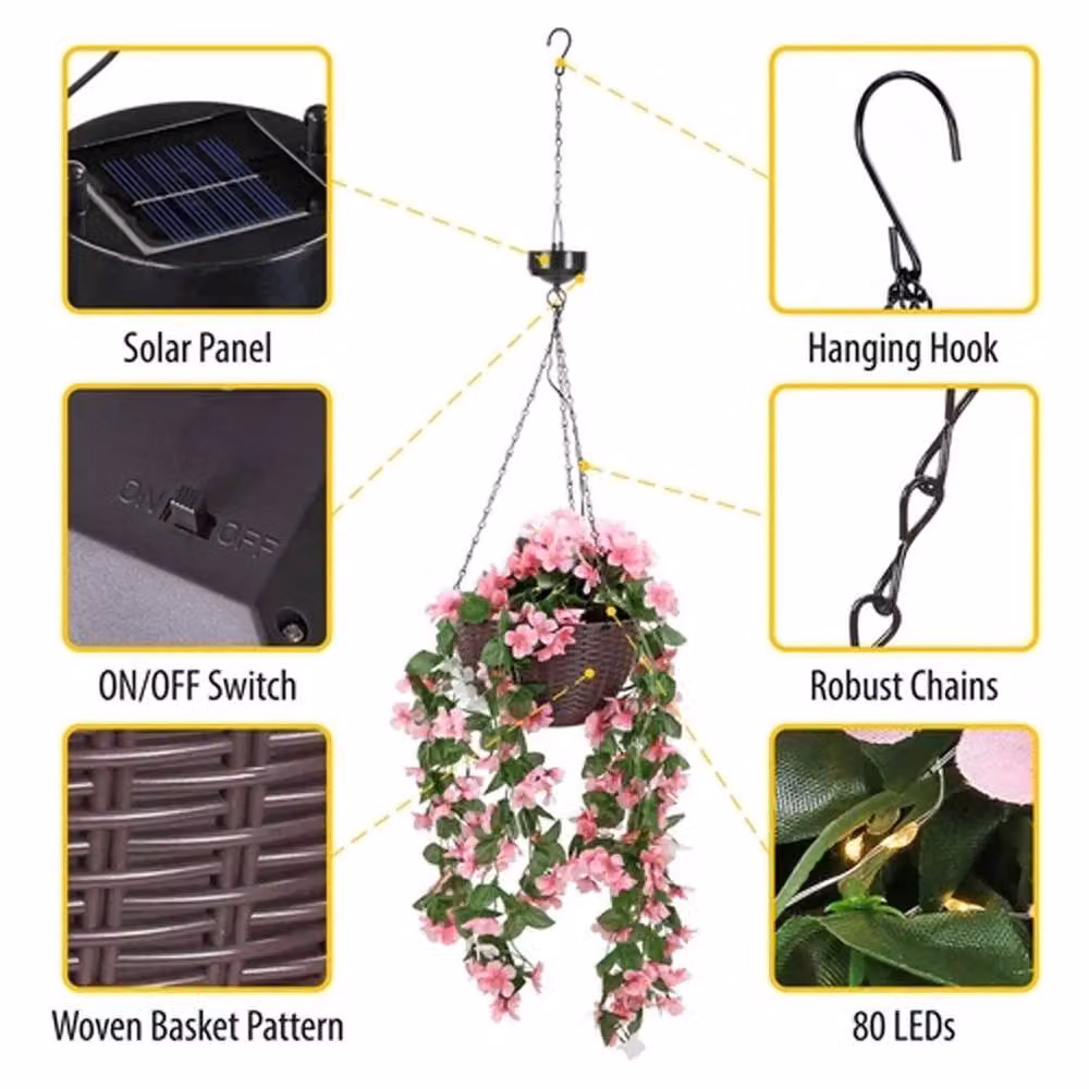 NESTLUNE Solar Powered Artificial Floral Hanging Basket with Warm White LED Lights, Pink, W: 100 cm, D: 15 cm – 5