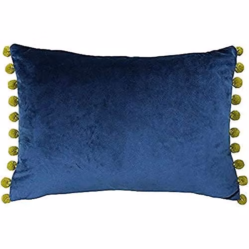 Paoletti Fiesta Rectangular Filled Cushion in Blue and Yellow with Pom Pom Edges, Faux Velvet Fabric, W: 50 cm, H: 35 cm
