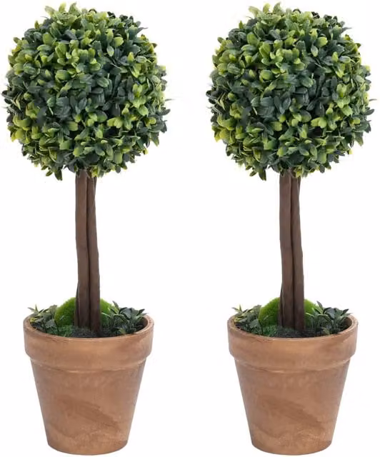 Berkfield Home Artificial Ball Shaped Boxwood Plants with Pots, Green, 2 Pack, Height: 33 cm