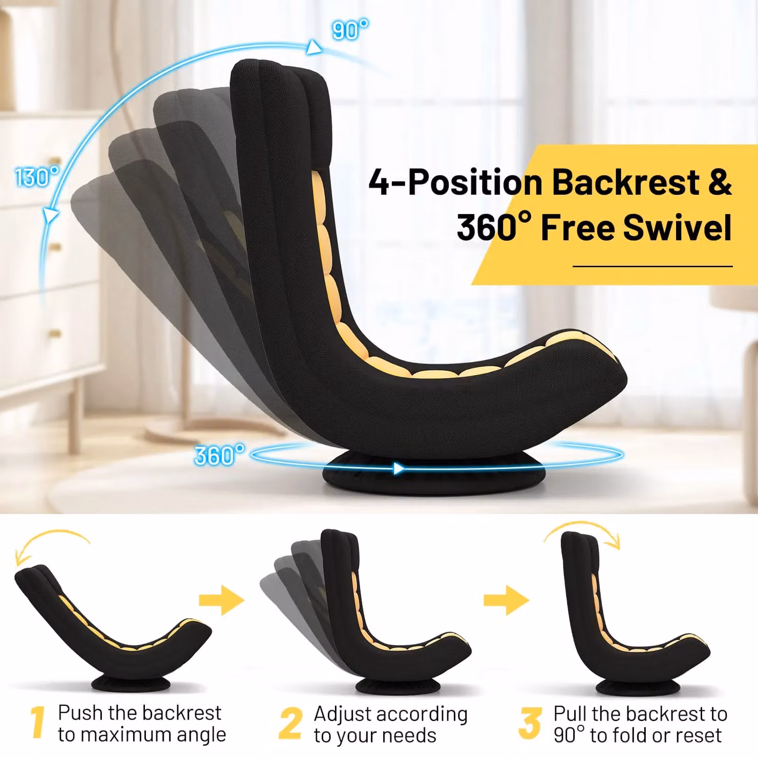 Gymax 360 Degree Swivel Gaming Chair with 4-Position Adjustable Folding Floor Sofa in Yellow – 5