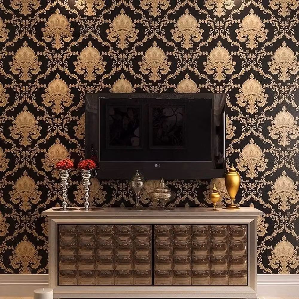 KORVIXA Gold Luxury Damask Embossed Vinyl Wallpaper Roll with Floral Abstract Design, 0.6 m2 – 6