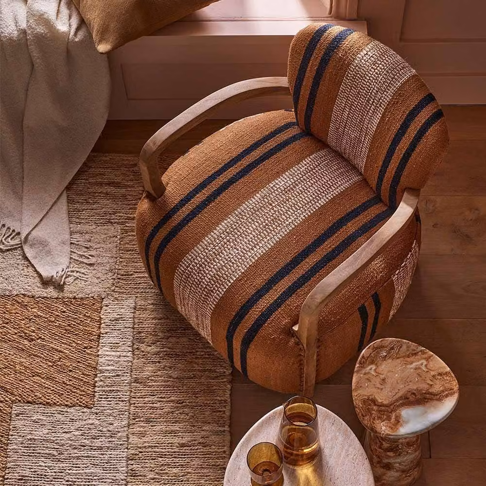 Atkin and Thyme Aviator Armchair in Striped Cotton Fabric with Mango Wood and Metal Details in Black, White and Brown