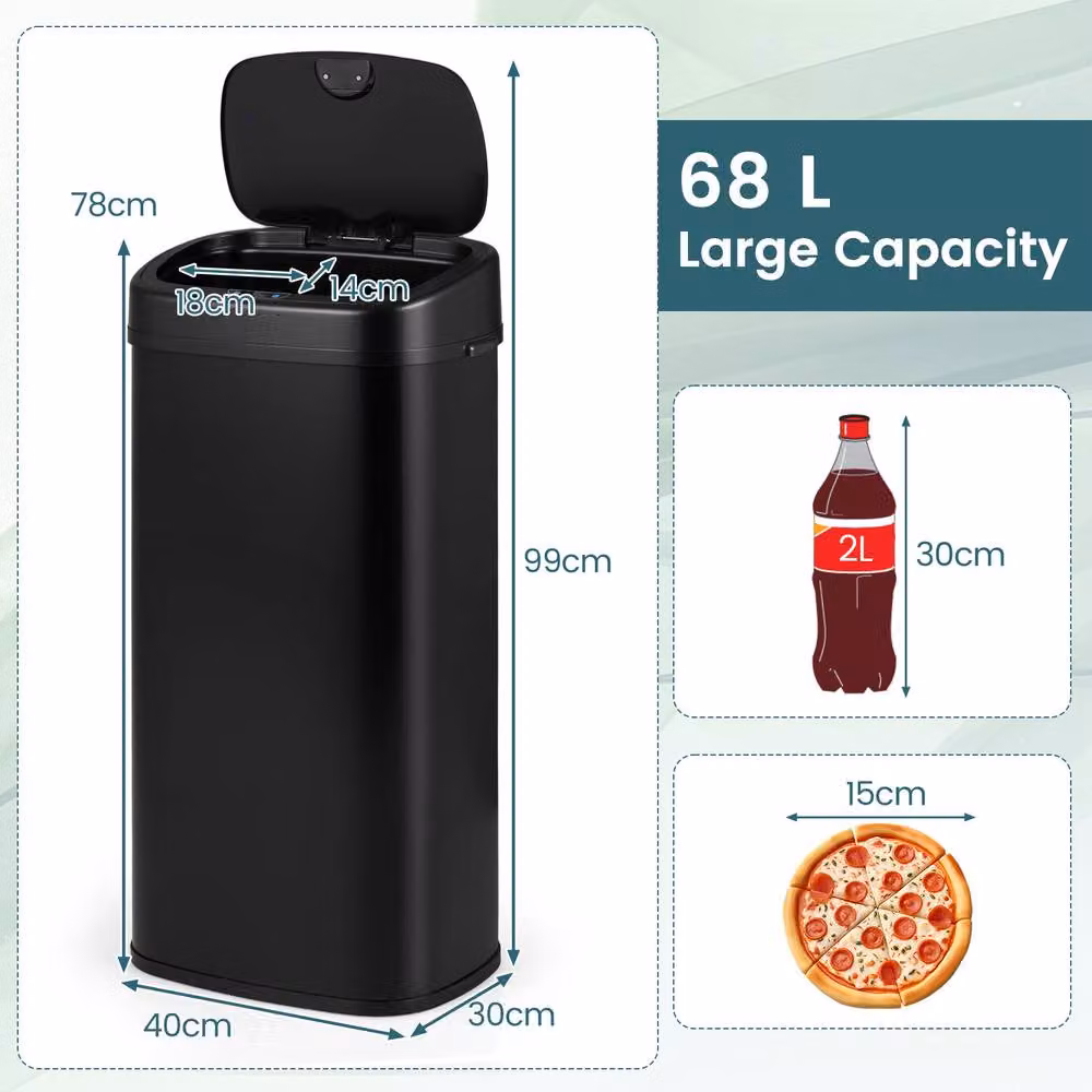Costway 68L Infrared Motion Sensor Garbage Can with Dual-Zone Design and Soft-Close Lid in Black – 2