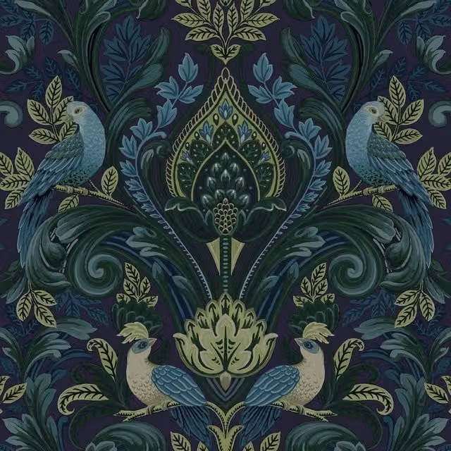 Grandeco Peacock and Leaf Scrolls Opulent Damask Textured Wallpaper in Green and Blue