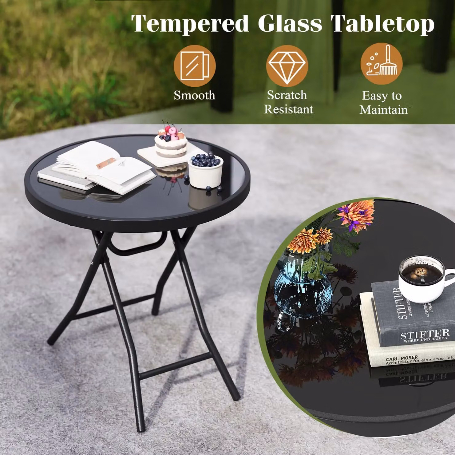 Costway Round Folding Glass Patio Coffee Table in Black – 5