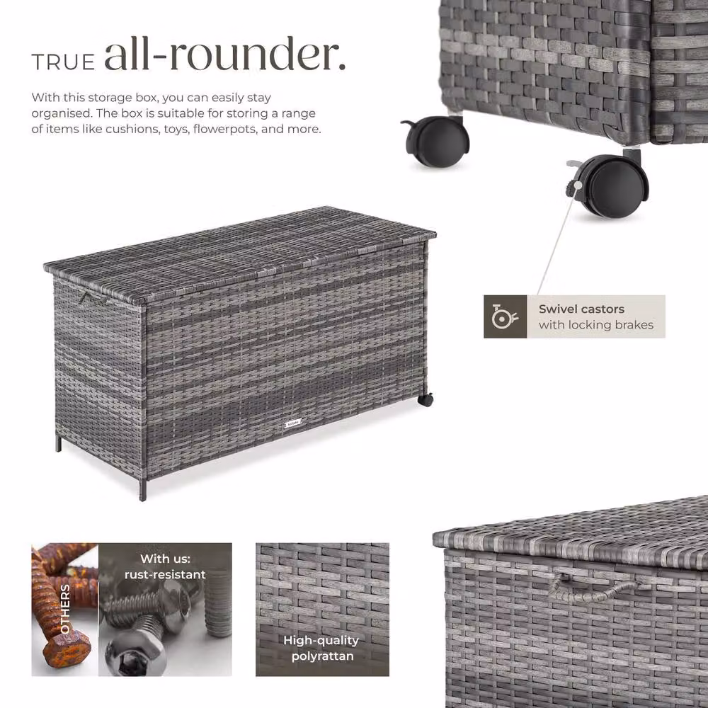 tectake Kuusamo Large Storage Box in Grey with Rattan and Aluminium Frame and Castors – 3