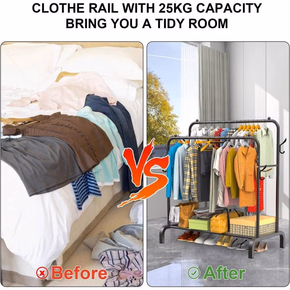 SPETLEK Metal Double Rail Clothes Garment Hanging Rack with Shelf, Black, H 150 x W 110 x D 60 cm – 4