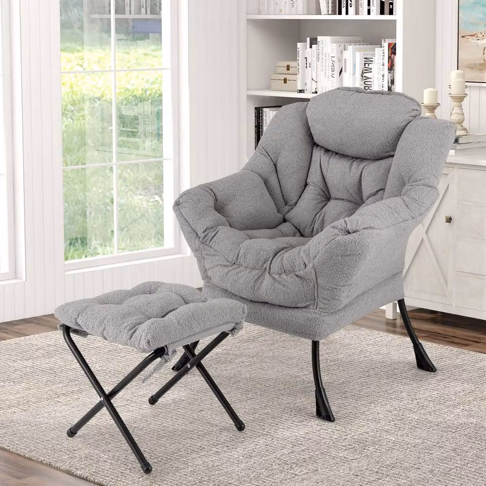 Gymax Modern Grey Bouclé Accent Chair with Ottoman and Folding Footrest – 2
