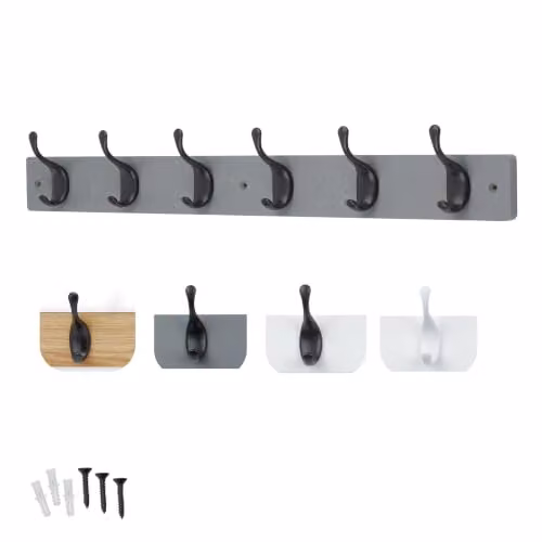 Keypak 6 Matte Black Metal Coat Hooks on a Grey Wooden Board, Width: 68 cm