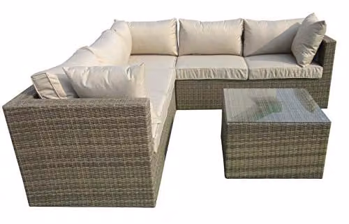 Chusstang Modern L-Shape Rattan Garden Furniture Set with Sand Beige Upholstered Cushions and Powder Coated Aluminium Frame – 1