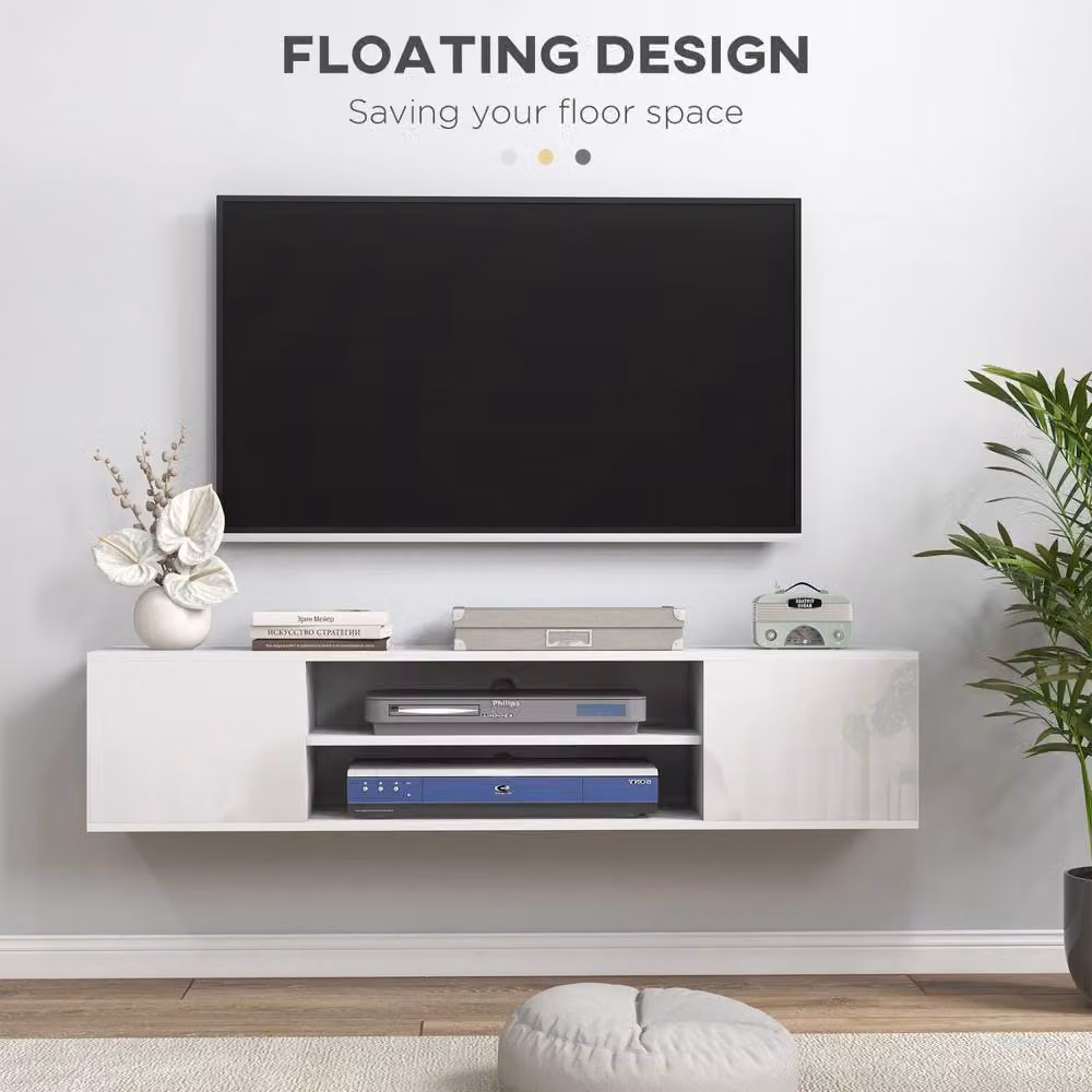 Wyld Haus Lumipa High Gloss White Floating TV Cabinet with Open Shelves W: 140 cm, D: 30 cm, H: 32 cm – 4
